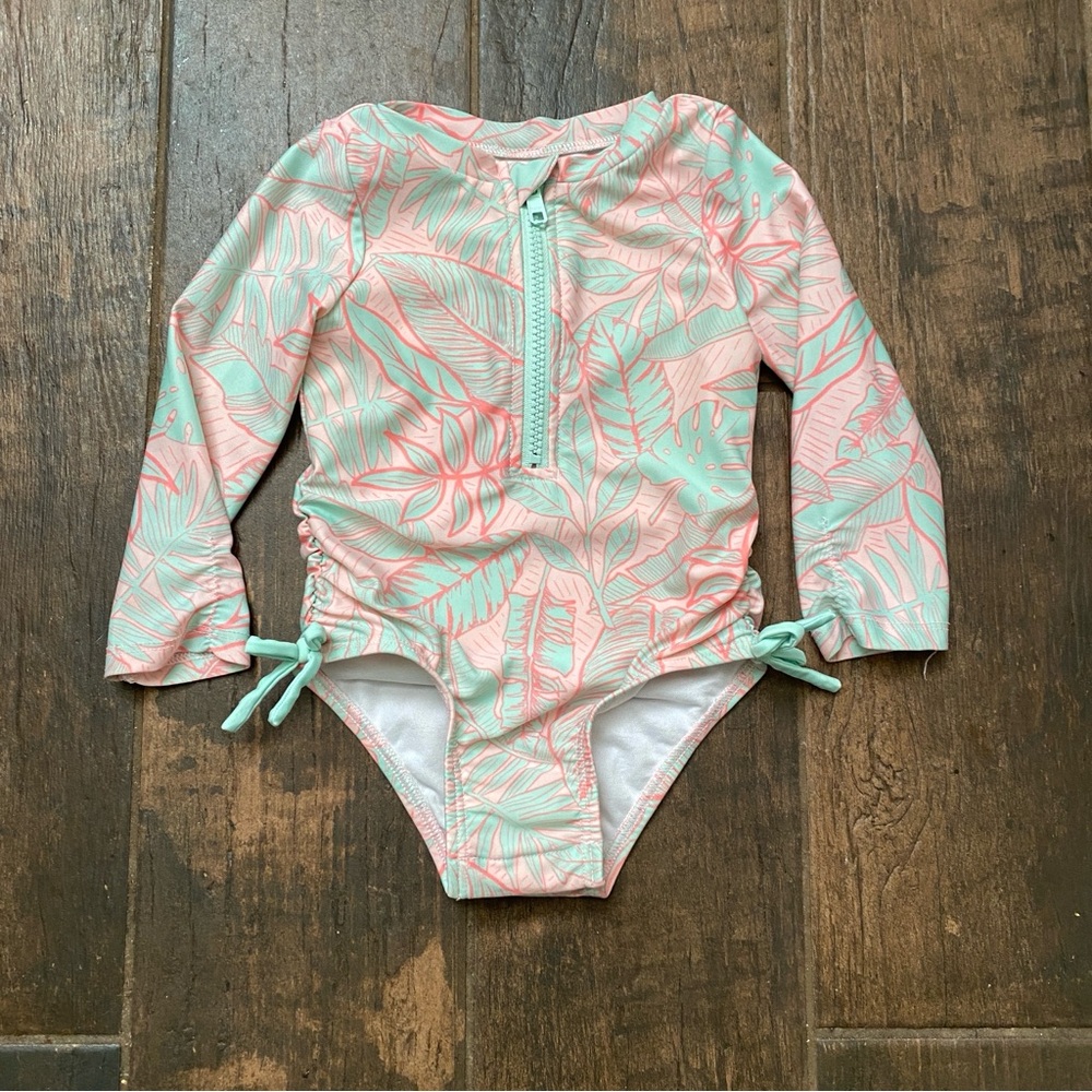 Cat & Jack Toddler Girl Rash Guard Swimsuit 18M Mint & Pink